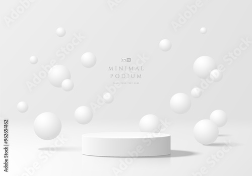 3D white round podium with bouncing white sphere ball background. Abstract geometric composition in minimalist design. 3D studio display showroom product pedestal, Fashion stage showcase mockup scene.