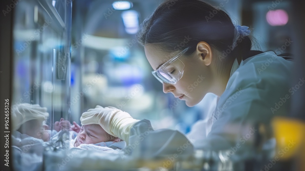 A healthcare professional caring for a newborn in a neonatal unit. A healthcare professional caring for a newborn in a neonatal unit.