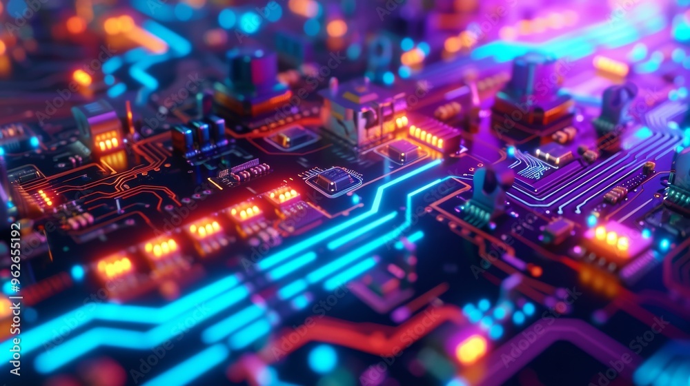 A close-up shot of an illuminated digital circuit board featuring neon glow in blue and pink shades. This image highlights the intricacy and modernity of electronic technology, making it ideal for A close-up shot of an illuminated digital circuit board featuring neon glow in blue and pink shades. This image highlights the intricacy and modernity of electronic technology, making it ideal for