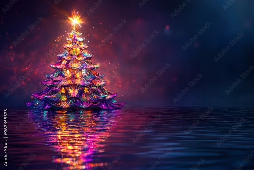 Colorful luminous christmas tree with reflection in water on dark background, 3d illustration with generative ai