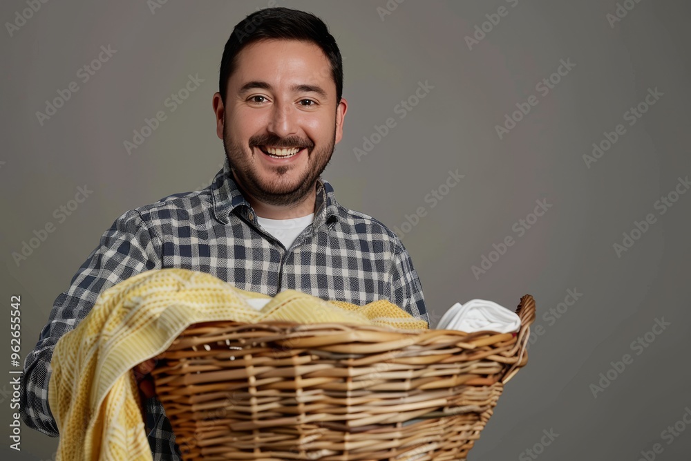 Handsome Man Holding A Laundry Basket Full Of Clothes, Happy To Do Laundry On Gray Background Handsome Man Holding A Laundry Basket Full Of Clothes, Happy To Do Laundry On Gray Background