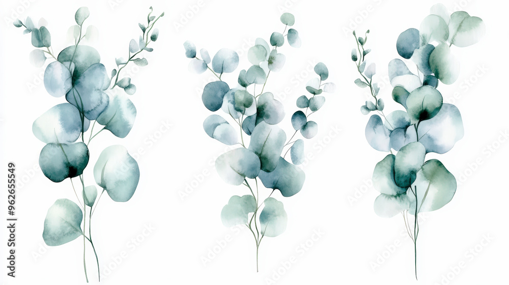 Elegant watercolor botanical illustration featuring three sprigs of eucalyptus leaves in muted green tones, set against a clean white background. Perfect for minimalist decor.