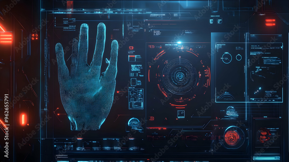 Obraz premium Cyberpunk 3D Digital Hand Scan Abstract Background