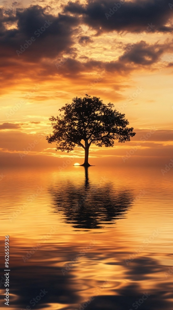 Silhouette of Tree Reflected in Water at Sunset Silhouette of Tree Reflected in Water at Sunset