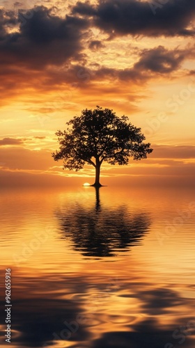 Silhouette of Tree Reflected in Water at Sunset