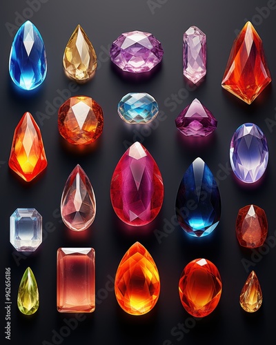 Colorful assortment of cut gemstones in various shapes and hues, perfect for jewelry design or decoration inspiration. photo