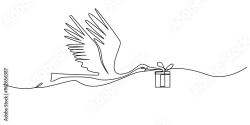continuous line of cranes flying with gifts.one line drawing of cranes flying carrying gifts.single line vector illustration.isolated white background