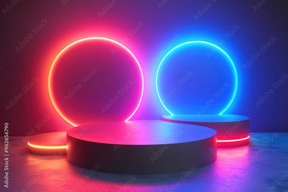 Creative concept 3d neon light discount podium product display with generative ai Creative concept 3d neon light discount podium product display with generative ai