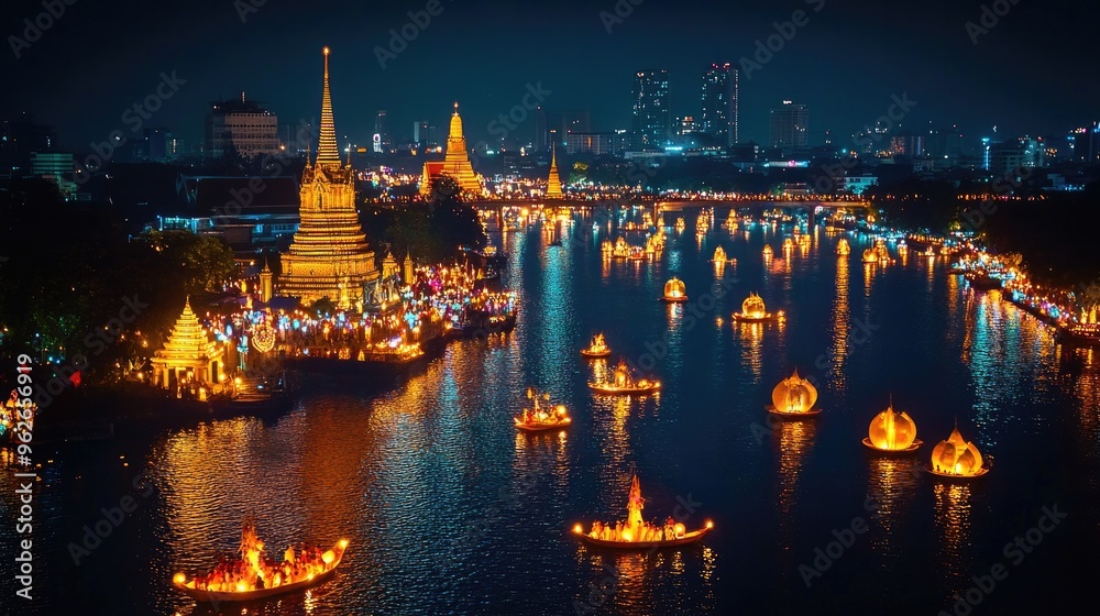 Obraz premium A panoramic view of a city Loy Krathong celebration, with lanterns and krathongs lighting up the river and skyline