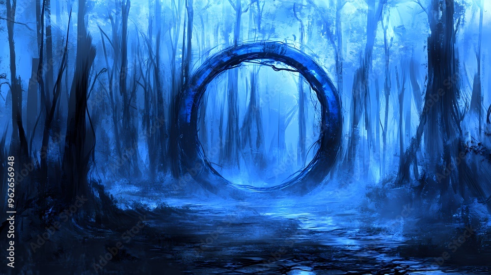 A mystical blue ring portal in a foggy forest.