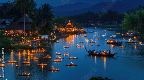 A scenic shot of a river crowded with krathongs glowing with candlelight, with a traditional Thai boat passing by