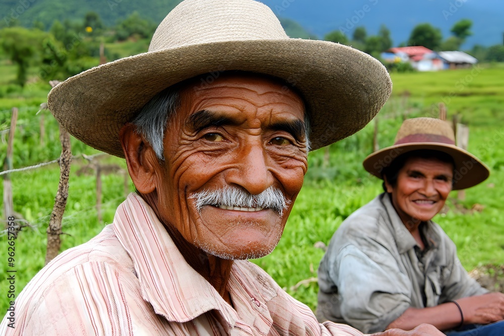 Fototapeta premium Smiling Elderly Man in Straw Hat with Green Background