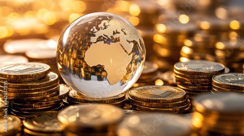 A glass globe amidst stacks of golden coins, illustrating global economic prosperity and investment opportunities.