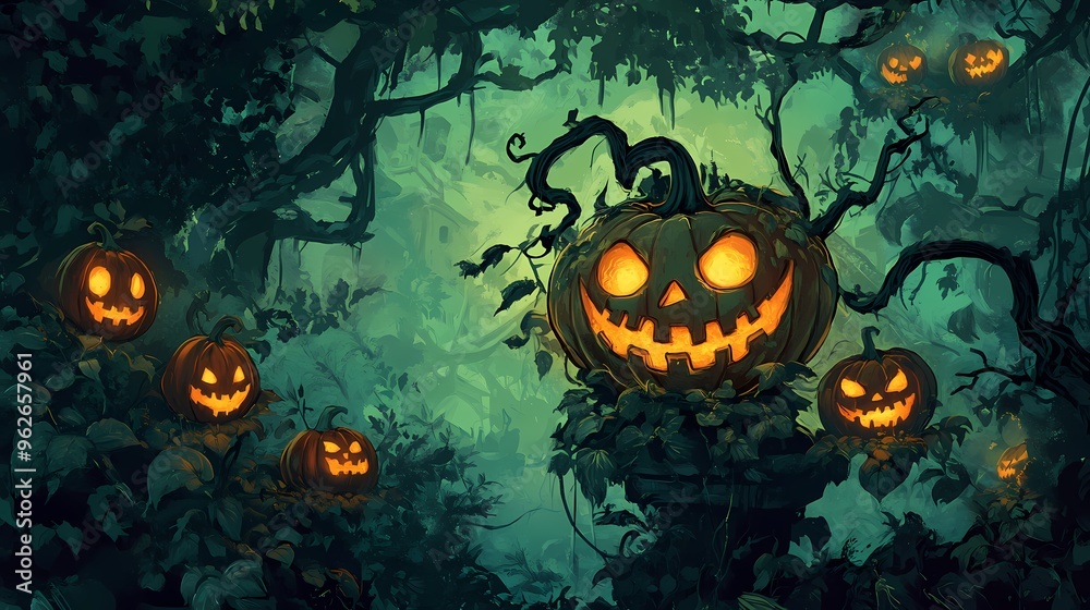 A spooky forest scene with glowing jack-o'-lanterns among the trees and vines.