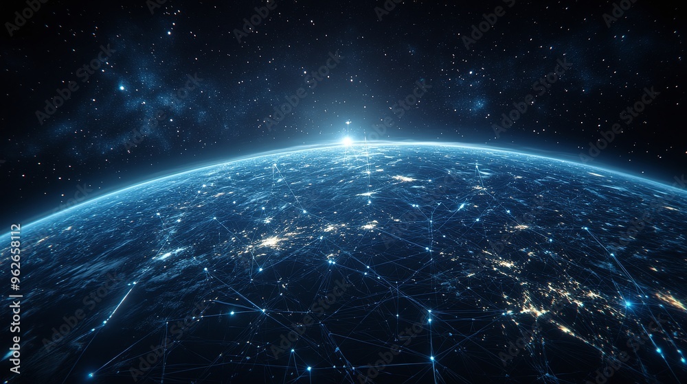 Obraz premium technology trend visual of Earth suspended in outer space with a detailed communication network demonstrating global innovation