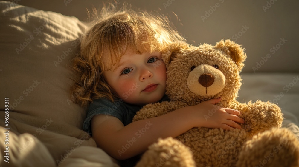 A sweet child cuddles a soft teddy bear in a cozy setting. The warm sunlight creates a peaceful atmosphere. This image captures the innocence and comfort of childhood. AI A sweet child cuddles a soft teddy bear in a cozy setting. The warm sunlight creates a peaceful atmosphere. This image captures the innocence and comfort of childhood. AI
