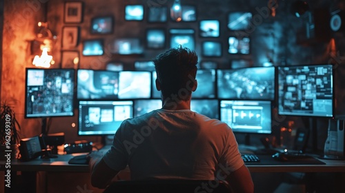 hacker programmer working alone in dark room surrounded by many monitors focused on data coding and cybersecurity for online system security