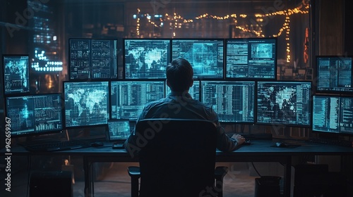 lone hacker working in dark room coding data on multiple computer monitors focusing on cybersecurity programming and digital system protection