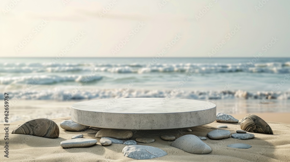 Concrete podium and pebbles on sandy beach backdrop. Ideal for skincare product display. Ample space for text. Concrete podium and pebbles on sandy beach backdrop. Ideal for skincare product display. Ample space for text.