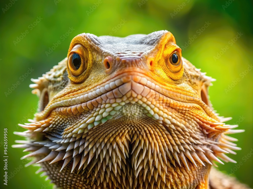 A Close-Up Of A Bearded Dragon Looking Directly At The Camera With A Vivid Green Background And A Slightly Open Mouth. A Close-Up Of A Bearded Dragon Looking Directly At The Camera With A Vivid Green Background And A Slightly Open Mouth.
