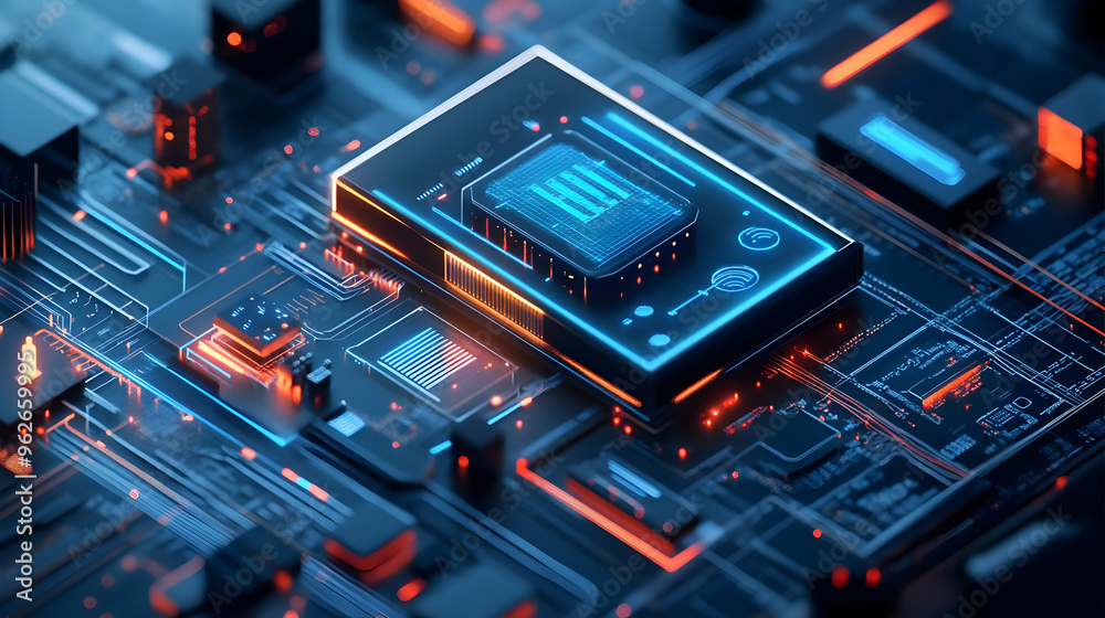 3D Illustration of a Futuristic Motherboard with a Processor 3D Illustration of a Futuristic Motherboard with a Processor