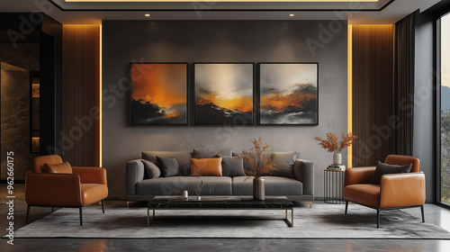 Sophisticated Living Room Design with Bold Abstract Art and Stylish Leather Furniture. Mockup.