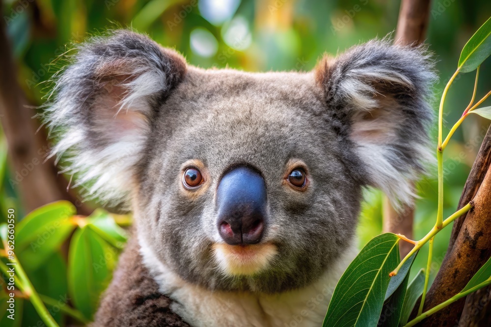 A Close-Up Shot Of A Black Koala Bear In A Eucalyptus Tree, With Its Large Eyes And Fluffy Ears Prominent In The Frame. A Close-Up Shot Of A Black Koala Bear In A Eucalyptus Tree, With Its Large Eyes And Fluffy Ears Prominent In The Frame.