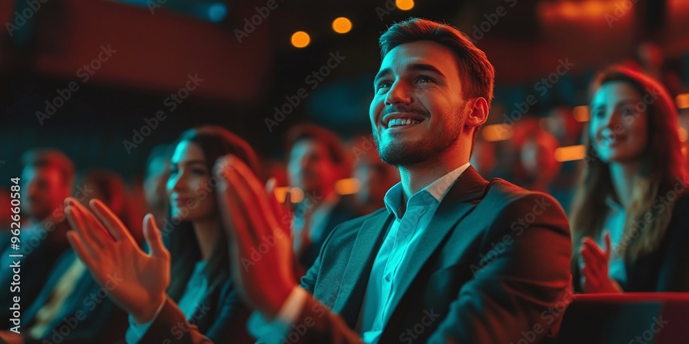 Obraz premium business colleagues clapping in corporate seminar at convention center celebrating success together during conference event with happy team applause