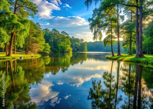 Serene morning scene of a tranquil lake surrounded by lush greenery and towering trees at a picturesque park in rural Georgia.