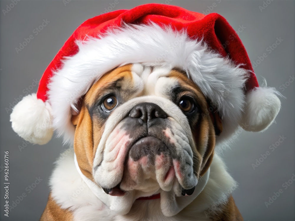 A Close-Up Shot Of A Wrinkly English Bulldog Wearing A Red And White Santa Claus Hat With White Fur Trim And A Matching Collar. A Close-Up Shot Of A Wrinkly English Bulldog Wearing A Red And White Santa Claus Hat With White Fur Trim And A Matching Collar.