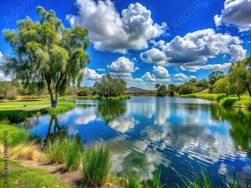 Serene Otay Lakes County Park landscape featuring lush green vegetation, tranquil lake waters, and majestic trees under a bright blue sky with fluffy white clouds. photo