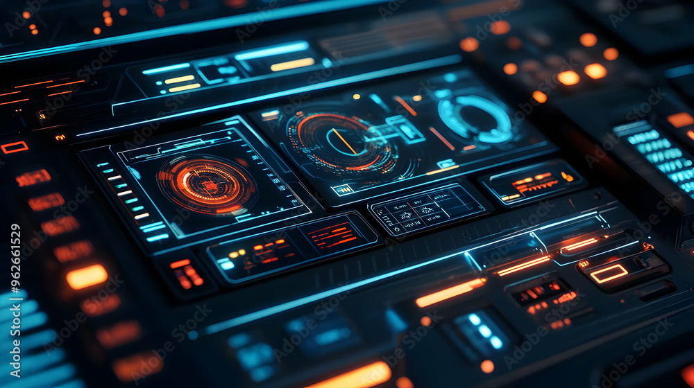 Futuristic Interface 3D Illustration - Futuristic Technology Interface Design with Blue and Orange Glowing Lights