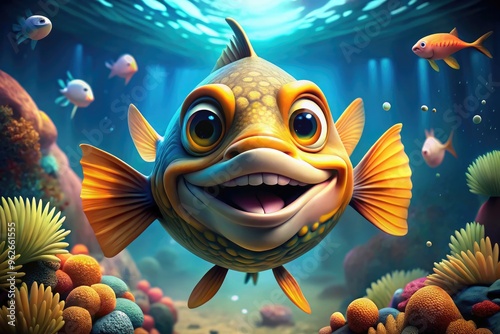 A Comical Fish With Bulging Eyes, A Wide Grin, And Exaggerated Fins Swims Playfully In A Vibrant Underwater Scene. photo