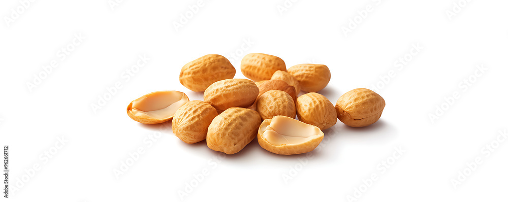 A collection of whole peanuts in their shells and a few without shells, arranged on a white background A collection of whole peanuts in their shells and a few without shells, arranged on a white background