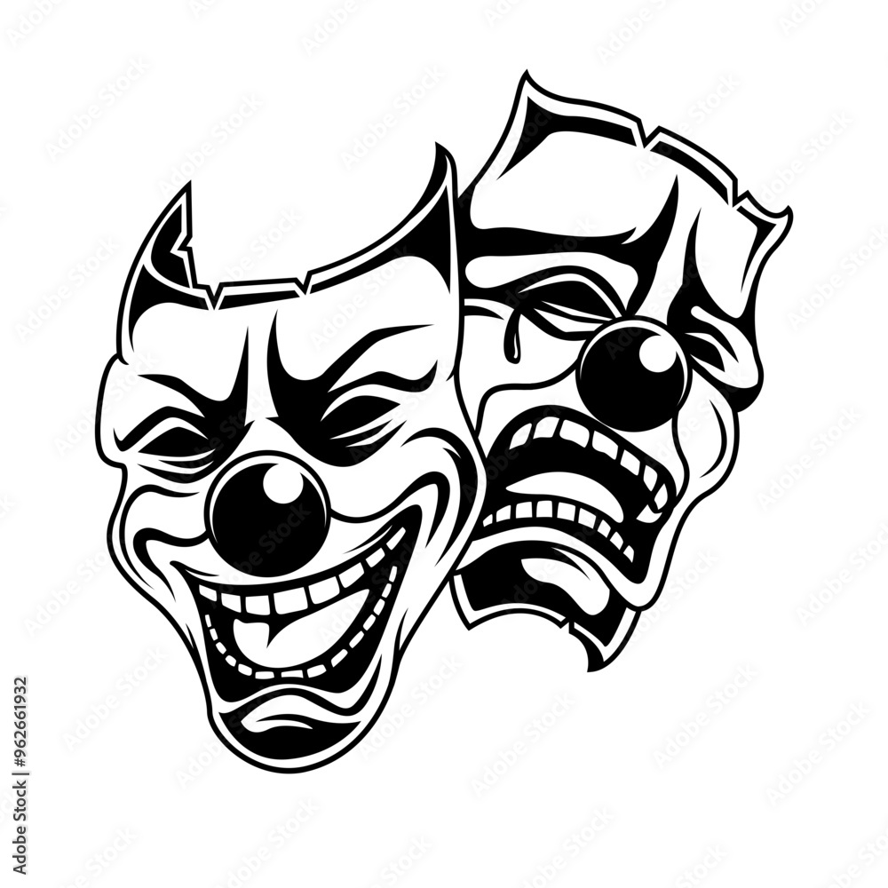 Clown Mask | Laughing Mask | Clown | Happy & Sad | Sad Mask | Theater Mask | Masquerade | Mask | Original Illustration | Vector and Clipart | Cutfile and Stencil Clown Mask | Laughing Mask | Clown | Happy & Sad | Sad Mask | Theater Mask | Masquerade | Mask | Original Illustration | Vector and Clipart | Cutfile and Stencil