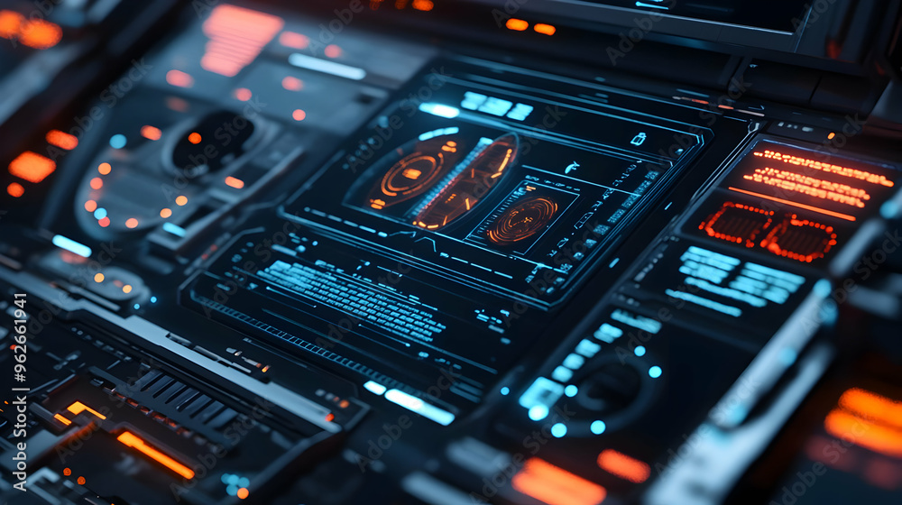 Futuristic Interface with Blue and Orange Lights 3D Illustration Futuristic Interface with Blue and Orange Lights 3D Illustration