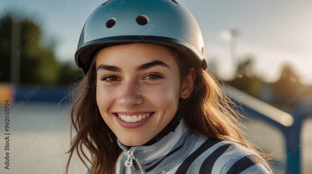 Young woman wearing helmet smiling at skate park Young woman wearing helmet smiling at skate park