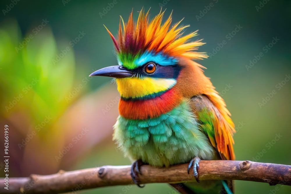 A curious, fluffy bird with a distinctive forehead fringe, resembling bangs, perches on a branch, showcasing vibrant plumage and irresistible, expressive eyes. A curious, fluffy bird with a distinctive forehead fringe, resembling bangs, perches on a branch, showcasing vibrant plumage and irresistible, expressive eyes.