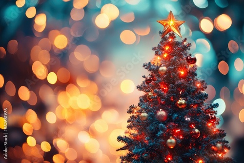 Defocused Christmas tree. Defocused Lights. Christmas tree background with generative ai