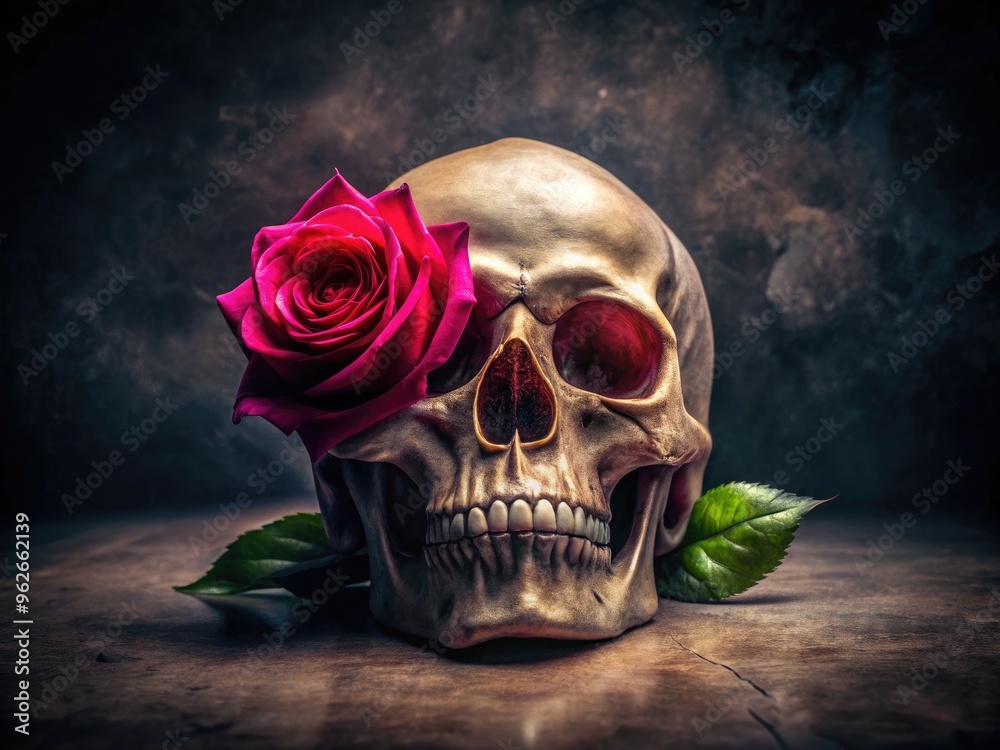 A Dark, Surreal Image Of A Skull Adorned With A Single, Vibrant Rose, Evocative Of The Ephemeral Beauty Of Life And Death. A Dark, Surreal Image Of A Skull Adorned With A Single, Vibrant Rose, Evocative Of The Ephemeral Beauty Of Life And Death.