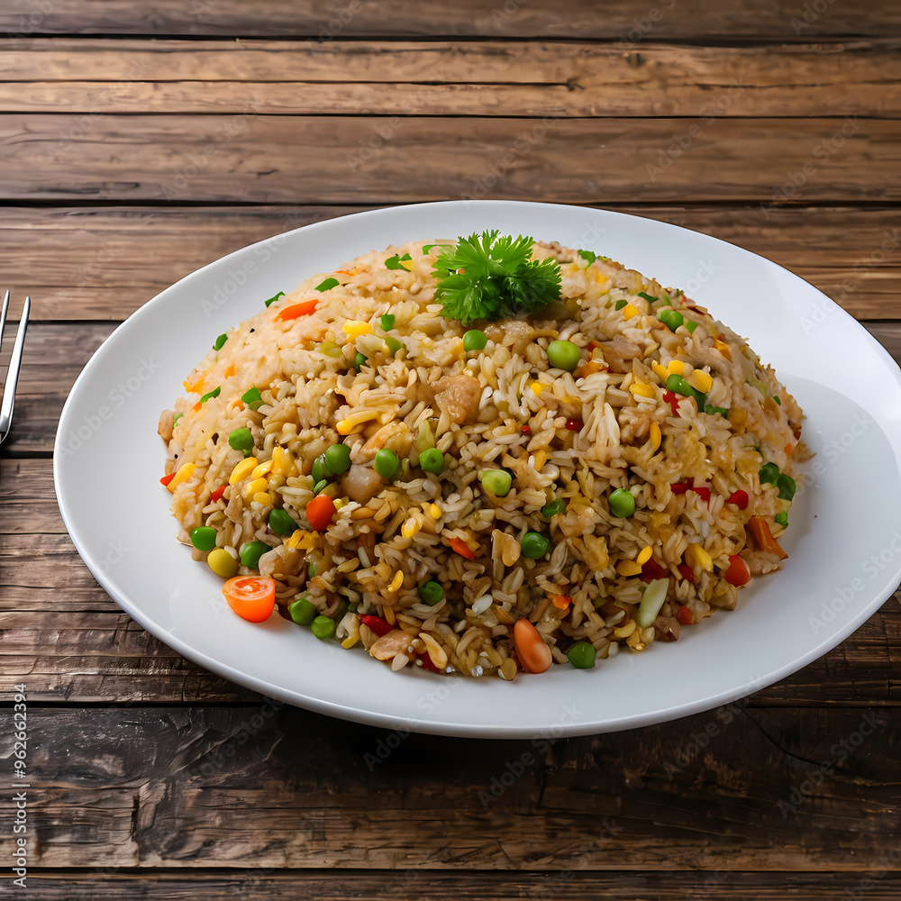 A Plate of Fried Rice on a Wooden Table