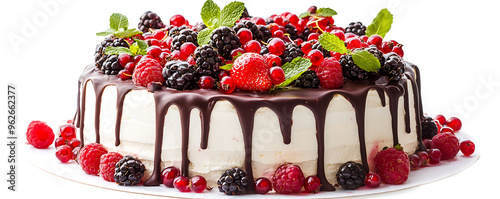  A delicious cake topped with an assortment of fresh berries, including raspberries, blackberries, and red currants photo