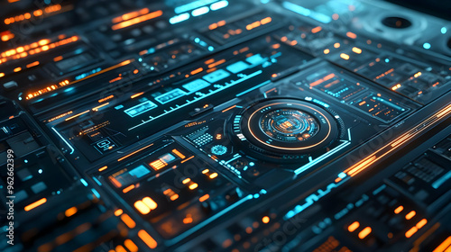 Futuristic Technology Interface with Blue and Orange Lights - 3D Illustration