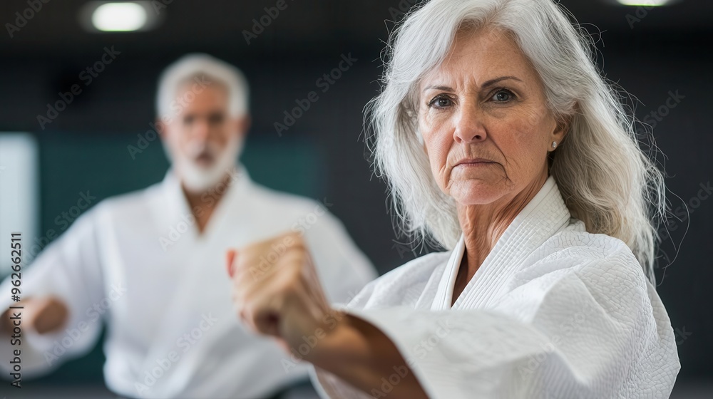 Senior woman practicing martial arts with a trainer, focused and empowered, senior martial arts, selfdefense Senior woman practicing martial arts with a trainer, focused and empowered, senior martial arts, selfdefense