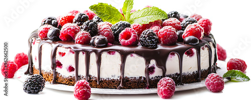  A delicious cake topped with an assortment of fresh berries, including raspberries, blackberries, and red currants photo