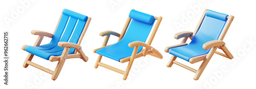 Blue beach chairs isolated on transparent background, comfortable outdoor furniture photo