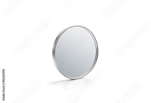 Blank silver coin mock up, isolated, side view, 3d rendering. Empty piece of money mockup stand. Clear valuable shiner on the edge template photo