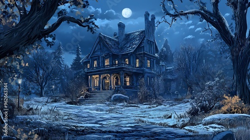 A large Victorian home sits on a snowy hill overlooking a dark forest. The full moon shines brightly in the sky above.