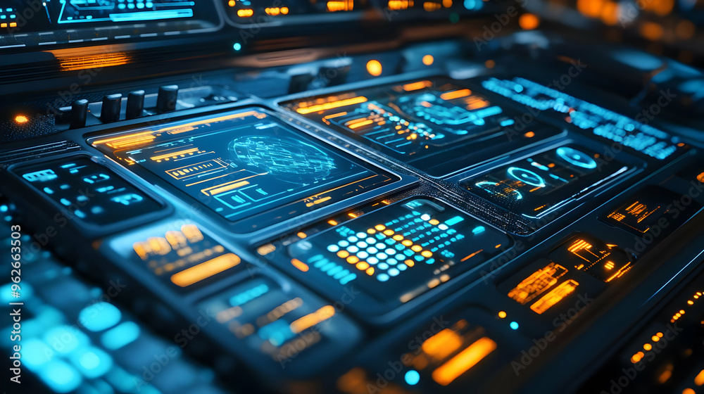 Futuristic Technology Interface with Blue and Orange Lights 3D Illustration Futuristic Technology Interface with Blue and Orange Lights 3D Illustration