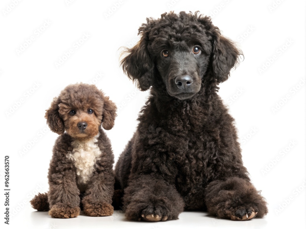 Adorable curly-haired black standard poodle showcases a teddy bear hair-cut, posing on a soft white background with a sweet and endearing puppy expression. Adorable curly-haired black standard poodle showcases a teddy bear hair-cut, posing on a soft white background with a sweet and endearing puppy expression.